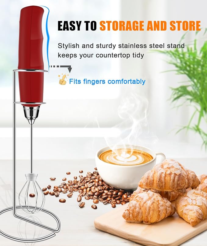YUSWKO Red Handheld Milk Frother Wand for Coffee, Rechargeable Electric Whisk with 3 Heads 3 Speeds Drink Mixer Coffee Frother For Latte, Cappuccino, Hot Chocolate, Egg