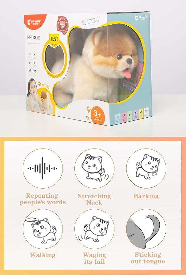 CU-MATE Electronic Walking Dog Toy, Interactive Plush Pomeranian Puppy, Realistic Interactive Pet Toy Dog, Walking, Barking, Wagging Tail & Talking, Present Gifts for 3+ Year