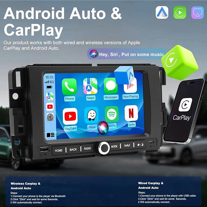 Car Radio for Chevy Express Van 2013-2025, Impala 2006-2013, Traverse 2009-2012, Monte Carlo 2006-2007, for GMC Savana 2008-2025, 7 Inch Touch Screen Stereo Carplay Android Auto GPS FM BT WiFi Camera