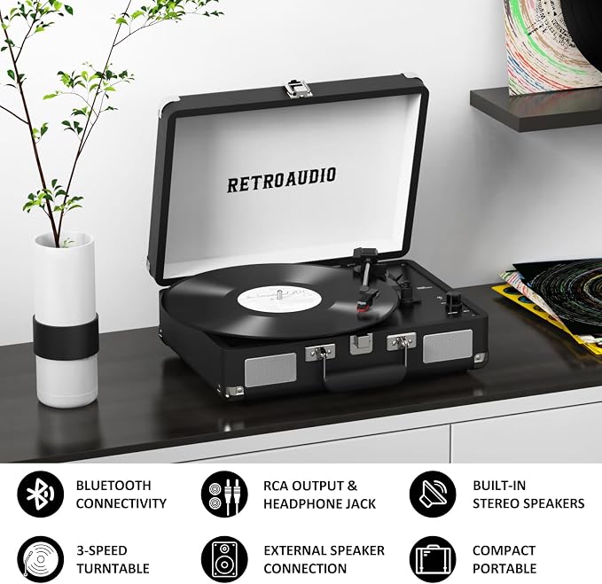 Vinyl Record Player 3-Speed Bluetooth Portable Suitcase Belt-Driven Record Player with 2 Built-in Stereo Speakers Vinyl Vintage Turntable Phonograph Records Player with RCA Line Out, AUX Out (Black)