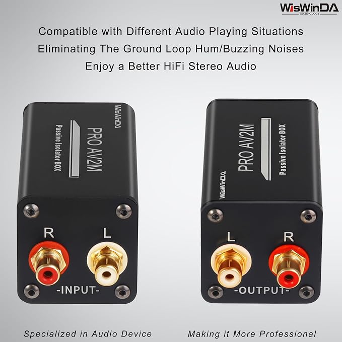 Pro AV2M-RCA Noise Isolator Audio Hum Eliminator (No Affects Bass) Noise Filter Aluminum Shell Ground Loop Noise Isolator for HiFi Stereo Home Theater Car Audio Player Plug&Play