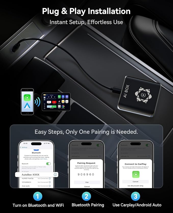 AI Box for Factory Wired CarPlay, Wireless CarPlay & Android Auto Adapter with Netflix, YouTube & TikTok, Full Android Car Video Box with 4G LTE, GPS, Dual Bluetooth and Dual-Band WiFi