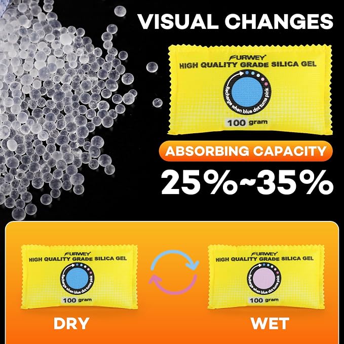 FURWEY 100g (12 Packs) Rechargeable Desiccant Packs for Storage, Color Indicating Silica Gel Desiccant Packets, Moisture absorbers for storage,Dehumidifier bag for Closets,Cars,Storage Bins