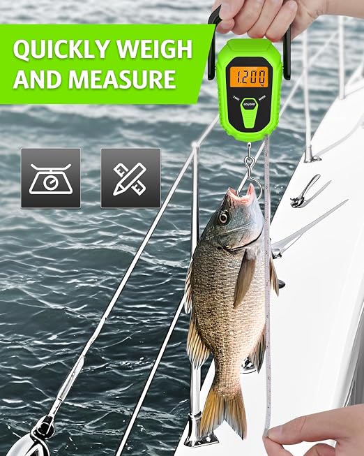 Digital Fishing Scale with Lip Gripper, 110lb/50kg Waterproof Fish Weight Scale with Tape Measure, Hook & Clamp, LCD Display & Hanging Design, Ideal Fishing Gift for Men Anglers