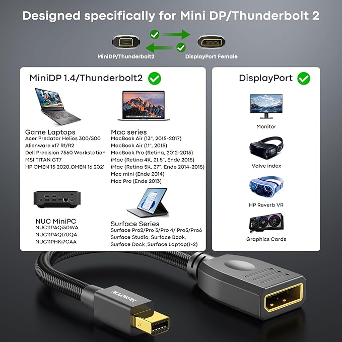 8K Mini DisplayPort to DisplayPort 1.4 Adapter,8K@60Hz Bi-Directional Mini DP to DP Adapter, (4K@144Hz,2K@240Hz) Thunderbolt 2 to DisplayPort Adaptor for Gaming Laptop, MacBook,iMac,Monitor,VR
