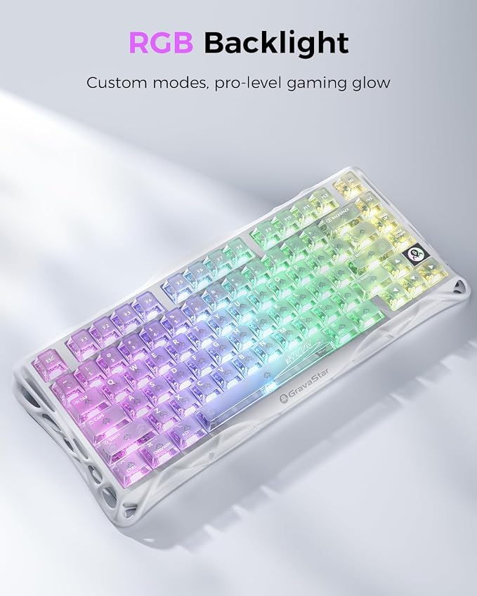 GravaStar Mercury K1 Lite 75% Gaming Keyboard, 2.4GHz/BT/Wired Tri-Mode Wireless Keyboard, Clear Keycaps Gasket Hot Swappable Mechanical Keyboard, Pre-lubed Linear Switches,RGB Backlit【Crystal Aurora】