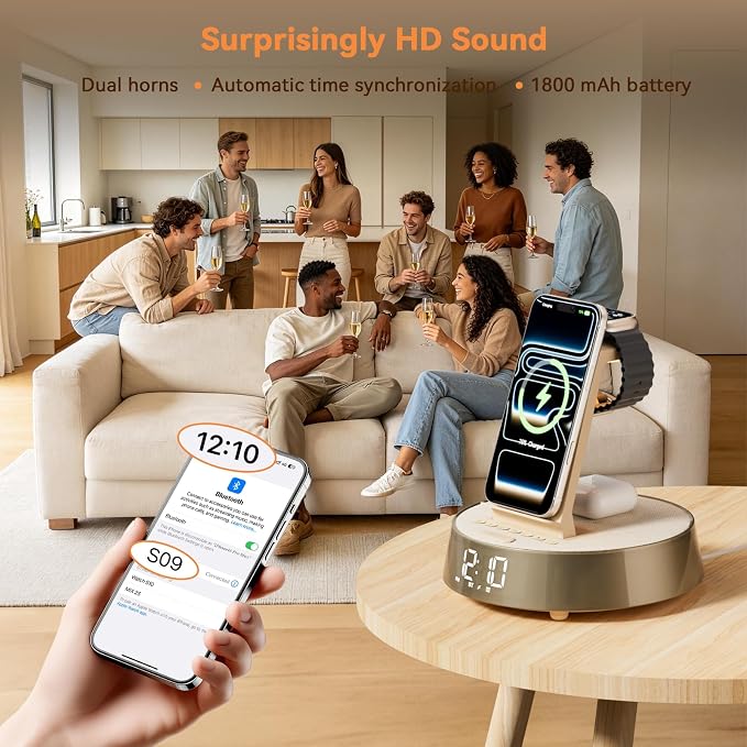 6 in 1 Wireless Charging Station with Alarm Clock, Bluetooth Speaker, FM Radio, Night Light for Bedroom Office, Wireless Charger Dock Station for iPhone 17 16 15 14 13 12 Pro Max,Apple Watch, AirPods