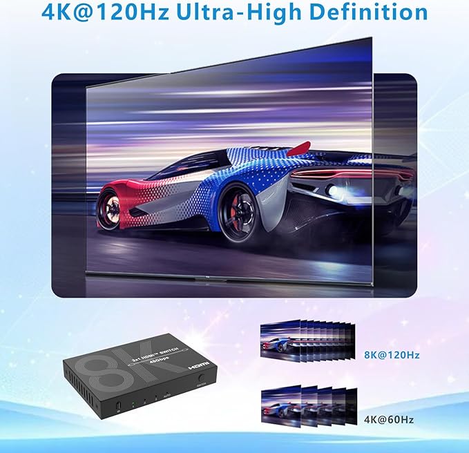8K HDMI Switch 3 in 1 Out 4K@120Hz HDMI Switcher Support HDR10+, Dolby Vision, Dolby Atmos, VRR, ALLM, CEC