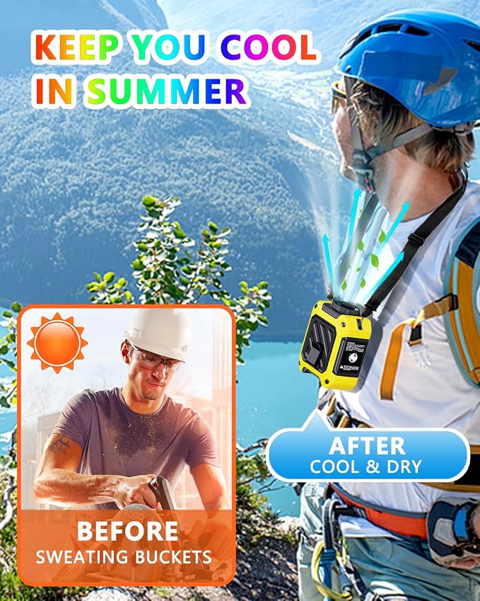 2025 AI Portable Waist Fan 10000 mAh Rechargeable with LED Display & 40H Runtime,5 Speed 16000RPM Cooling Personal Clip Fan,35ft/s Wind Speed Neck Fan for Outdoor Work,Jobsite,Camping,Yellow