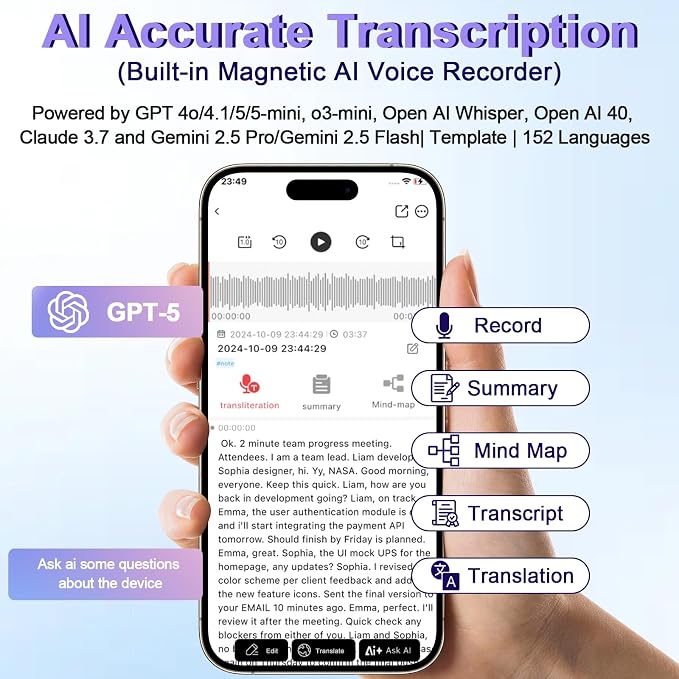 Ai Voice Recorder for Meeting: Support 152 Language Transcription Summarize - App Control Noise Cancellation Magnetic Dictation Recording Transcriber Note Taking Device 64GB for Lecture & Call