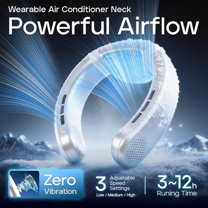 Neck Fan Rechargeable with Semiconductor Cooling Plate, 7000mAh Portable Neck Air Conditioner 3+ Hours Battery, 360g Lightweight Wearable for Travel Hot Flashes Outdoor