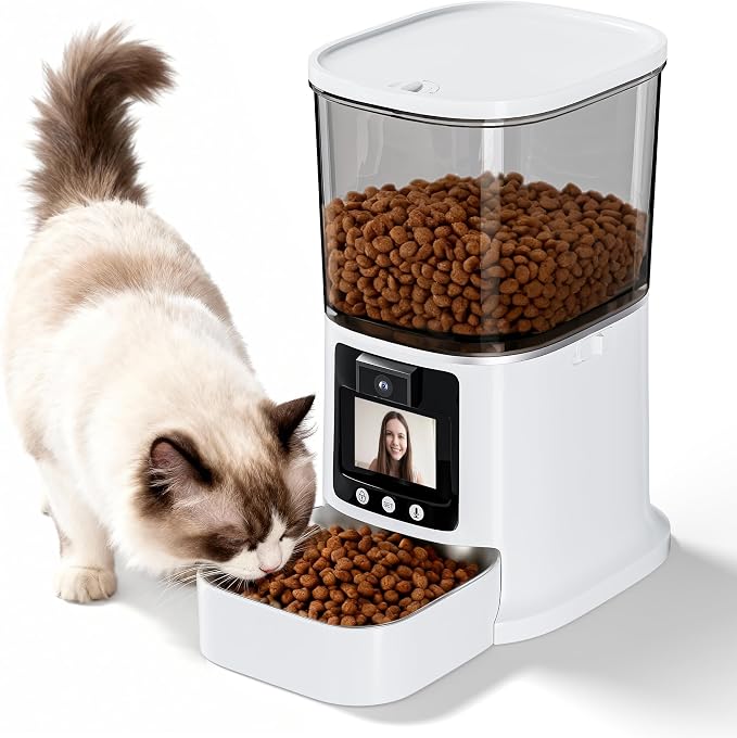 Automatic Cat Feeders, 5L Timed Cat Dry Food Dispenser, 5G WiFi Pet Feeder with 2-Way Audio, 10s Voice Recorder, Equipped with Screen and bidirectional Video Function, (White)