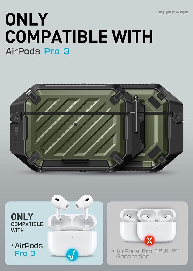SUPCASE for AirPods Pro 3 Case with Lock & Carabiner, IP68 Waterproof, Compatible with MagSafe, Military-Grade Protection Anti-Scratch Hard Shell Cover for AirPods Pro 3rd Generation 2025, Guldan
