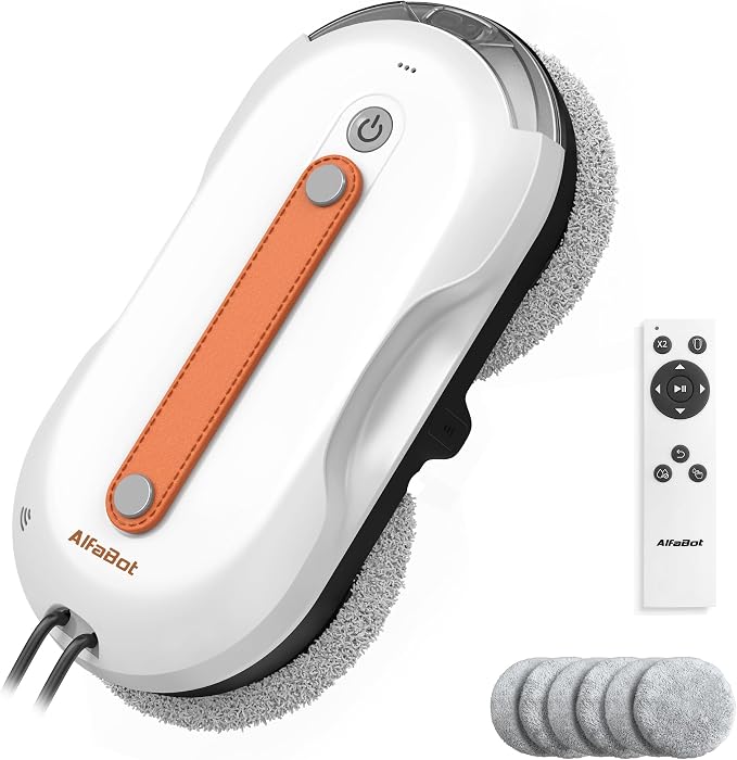 AlfaBot X7Pro Window Cleaning Robot, 6000Pa Suction Robotic Window Cleaner with Dual Auto-Water Spray, 60ml Tank, Smart Path Planning, Remote Control & Safety Rope for High-Rise Windows