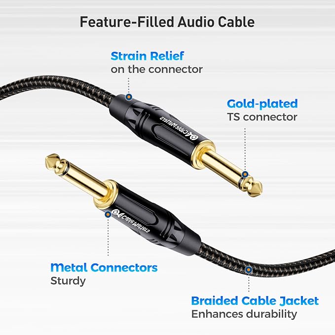 Cable Matters 2-Pack Braided 1/4 Inch TS to TS Electric Guitar Cable - 10ft, Guitar Cord/GuitarAmp Cord/Instrument Cable for ElectricGuitar, Mandolin, Bass AMP, Keyboard, Mixer, Equalizer