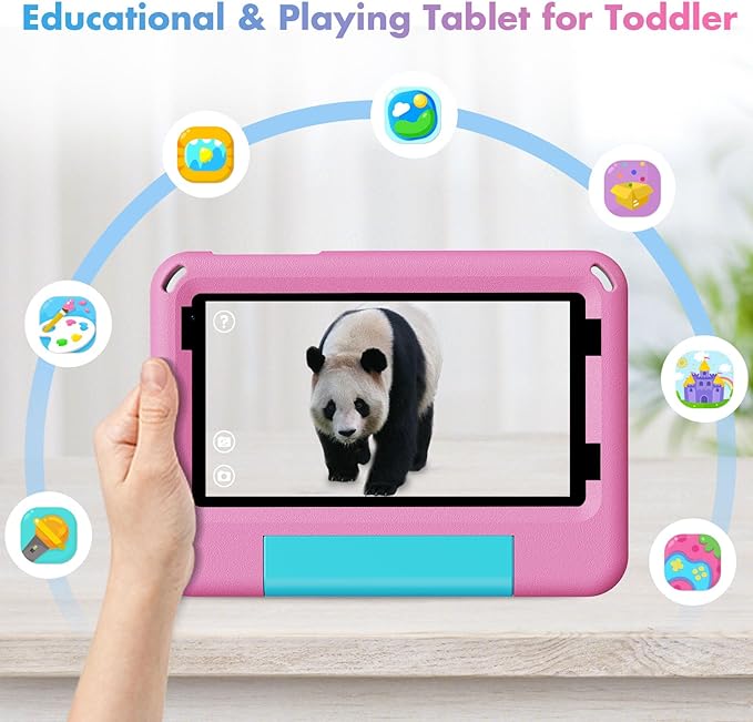 Android 15 Tablets with Case 7 inch Kids Tablet, 64GB Pad for Age 3-12 Toddler, Educationl, Games, Parental Control, Built in WiFi, Bluetooth, Dual Camera (Pink)