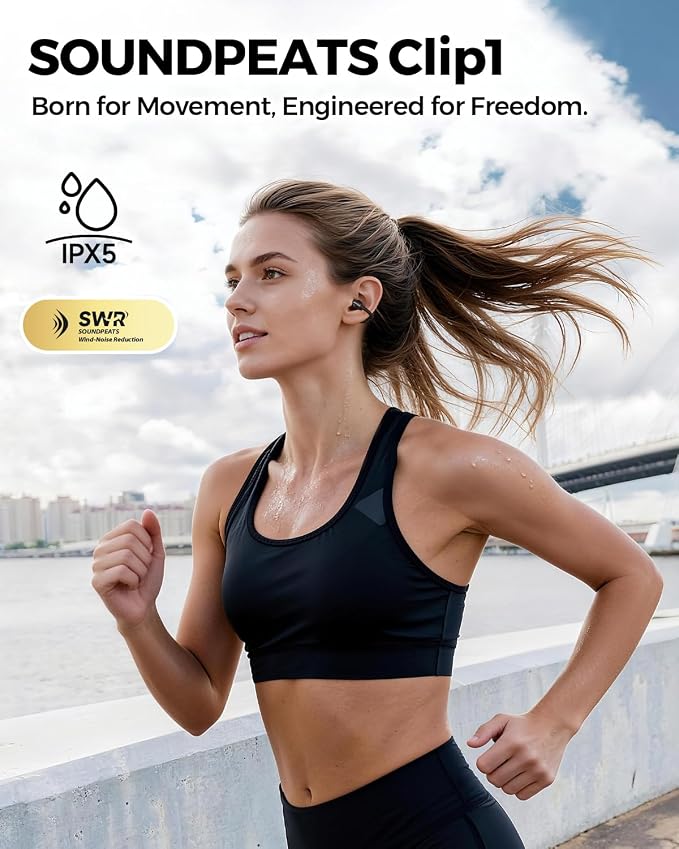 SoundPEATS Clip1 Ultra Comfort Open Ear Clip-On Earbuds, Secure Fit for Running Gym Workouts, 40H Hi-Res Sound with LDAC & Dolby, Fast Charging, IPX5 Waterproof, Bluetooth 5.4