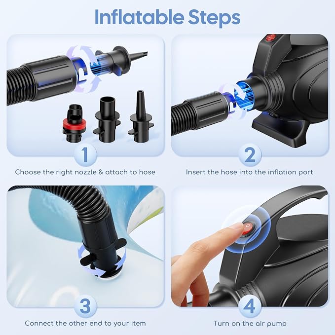 Electric Air Pump for Inflatables, Air Mattress – 500W/650W Quick-Fill Inflator/Deflator with 4 Nozzles, Portable AC 110-120V for Gymnastics Mat, Tumbling, Air Bed, Pool Floats