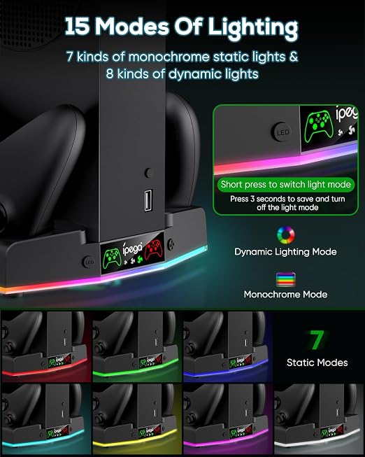 MENEEA Cooling Stand & Charging Station for Xbox Series S with 15 RGB LED Light Modes - Dual Controller Charger & Cooler Fan for Xbox Series S Accessories with 2*1400mAH Batteries and Headphone Hook