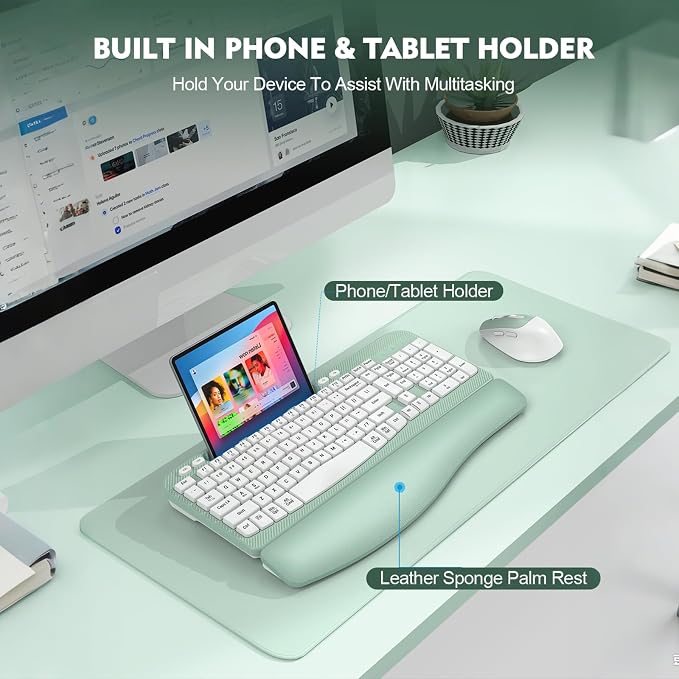Wireless Keyboard and Mouse Combo, Full-Sized Ergonomic Wave Keys Keyboard with Memory Foam Wrist Rest & Phone Holder, 2.4G Quiet Keyboard Mouse Work Setup for PC Laptop, Office or Home (Mint Green)