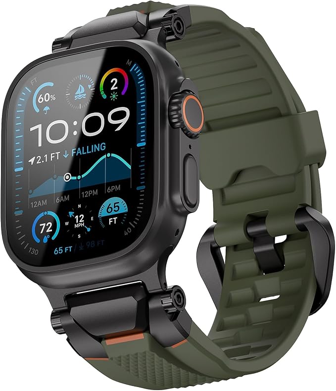 ULTIMAL Rugged Band for Apple Watch Ultra 3/2/1 49mm, Series 11/10/9/8/7/6/5/4 SE 46mm/45mm/44mm, Waterproof, Soft TPU Strap with Stainless Steel Buckle & Connectors, Sweat-Resistant, Easy to Clean, Fits 155-225mm Wrist (Black/green)