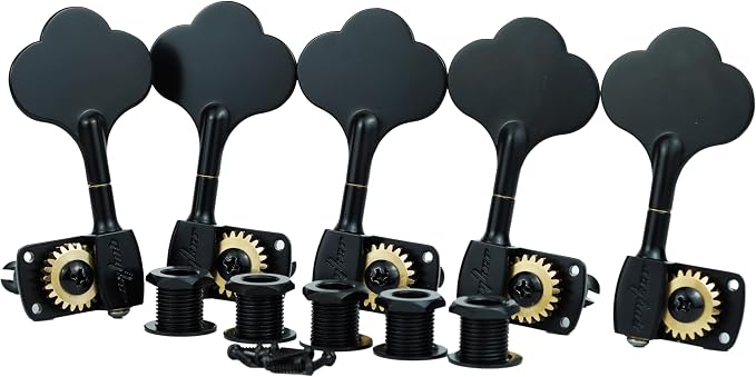 Guyker Bass Tuners (4R + 1L) - 1:22 Ratio Gear Open Frame Bass Drop Locking Machine Head Tuning Key Pegs Replacement for Electric Jazz Guitar Bass or Precision Instruments, BB100 Black