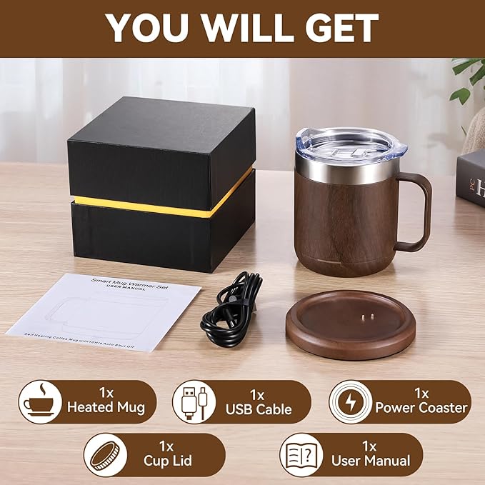 Gifts for Women Men, Heated Coffee Mug Up to 149°F, Ideal Gifts for Christmas, Birthday, Mother's Day, Father's Day or Any Occasion (12oz Wood)