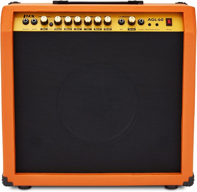 LyxPro 60 Watt Electric Guitar Amplifier, Combo Solid State Studio & Stage Amp with 10” 4-Ohm Speaker, Custom EQ Controls, Drive, Delay, ¼” Passive/Active/Mic Inputs, Aux In & Headphone Jack-Mahogany
