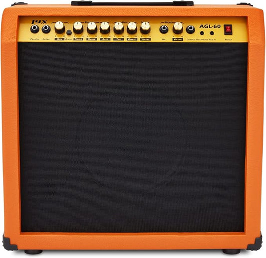 LyxPro 60 Watt Electric Guitar Amplifier, Combo Solid State Studio & Stage Amp with 10” 4-Ohm Speaker, Custom EQ Controls, Drive, Delay, ¼” Passive/Active/Mic Inputs, Aux In & Headphone Jack-Mahogany