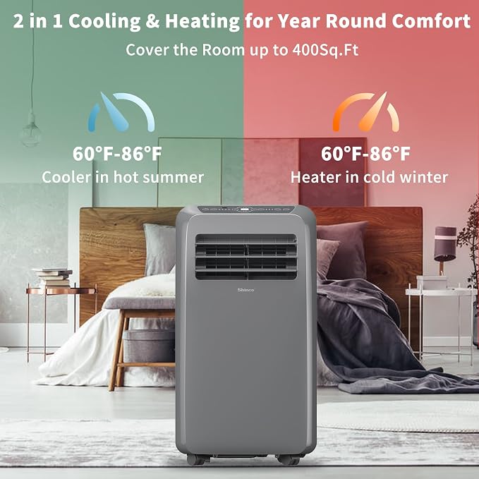 Shinco 10,000 BTU Grey Portable Air Conditioner with Heater up to 400 Sq. Ft, Ac Heater Combo Window Unit, Portable AC Unit with Dehumidifier & Fan, Cools & Heats,Remote Control and Window Kit