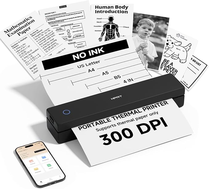 HPRT Inkless Portable Printer Wireless for Travel,Thermal Printer Supports 8.5" x 11" US Letter&A4&A5,Compatible with iOS,Android, Laptop, MT620 Pro,300 DPI,Black
