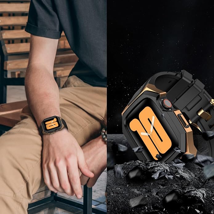 Luxury Metal Case with Band Compatible for Apple Watch 44mm 45mm 46mm 49mm,Men Rugged Protective Bumper Cover with Soft Silicone Strap for iWatch Series 11/10/9/8/7/6/SE3/SE2/SE/5/4 and Ultra 3/2/1 49mm