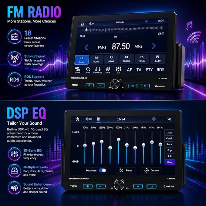 7 Inch Single Din Car Stereo Wireless Apple CarPlay & Android Auto, Detachable Rotatable HD Touchscreen Radio with Bluetooth 5.2, FM AM RDS, USB Type-C, MP5 Player, Backup Camera Input, 4×25W