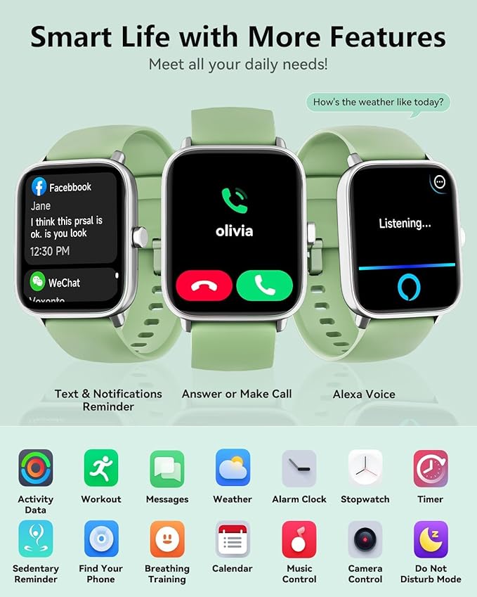 Quican Smart Watch for Women/Men, Compatible for Android Phones and iPhone | Alexa Built-in, 1.8" Fitness Tracker Watches for Women, IP68 Waterproof /Bluetooth Call, Heart Rate/Sleep Monitor, Green