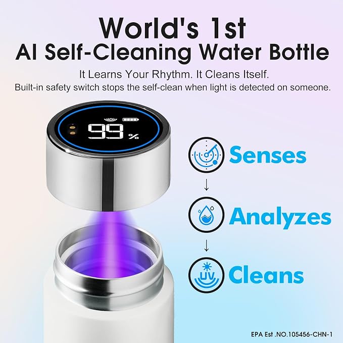 Vsitoo 8.5oz self-cleaning Mini Insulated Water Bottle,Stainless Steel Vacuum Flask,AI Self-Clean,30-Day Battery Life,BPA-Free,Perfect Small Water Bottle for Travel, Purse,White