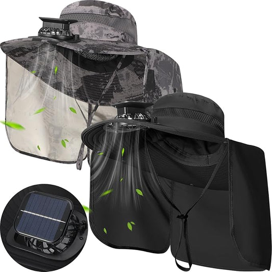 Maiteenly 2 Pcs Solar Fan Hat for Men with Neck Flap Bucket Fan Buit in Hats for Hiking Fishing Outdoor USB and Solar Powered