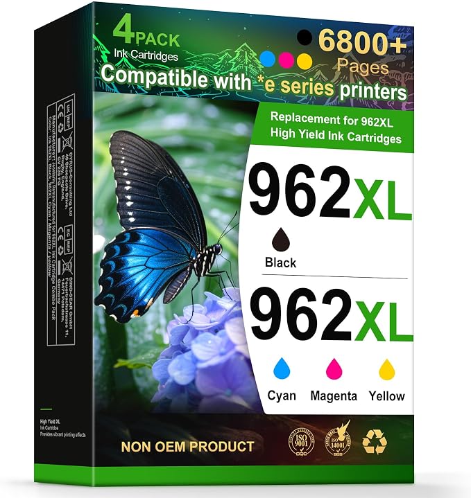 962XL Ink Cartridges Combo Pack Remanufactured for HP 962 Ink Work with *e Series Printers that Activated hp+ Service for HP OfficeJet Pro 9015e 9018e 9010 9025 9020 Series Office Printers (4 Pack)