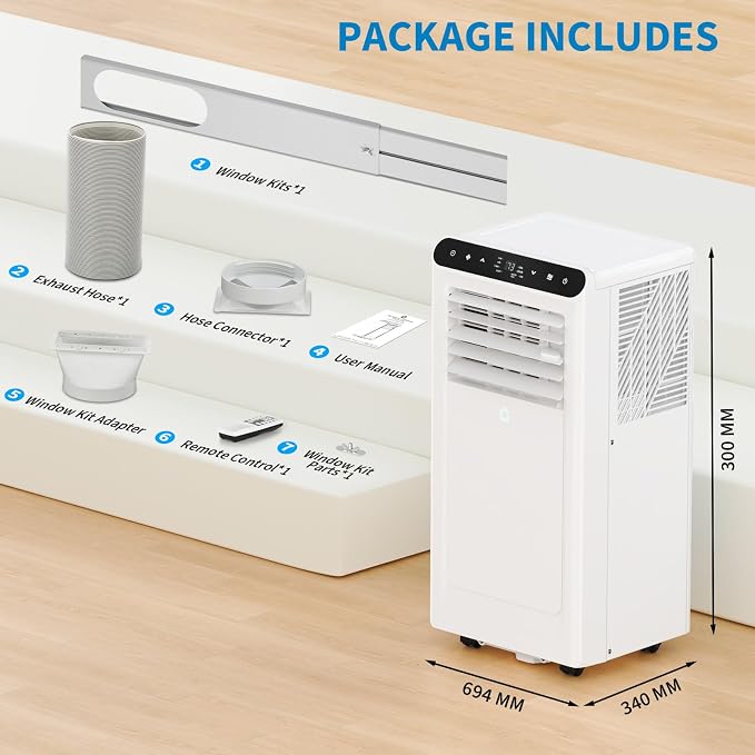 8000 BTU Portable Air Conditioner, Cools Up to 350 Sq.ft. Quiet AC Unit with Remote, 3-in-1 Dehumidifier Fan Sleep Mode 24H Timer, Easy Install Window Kit, for Home,White+Black Panel