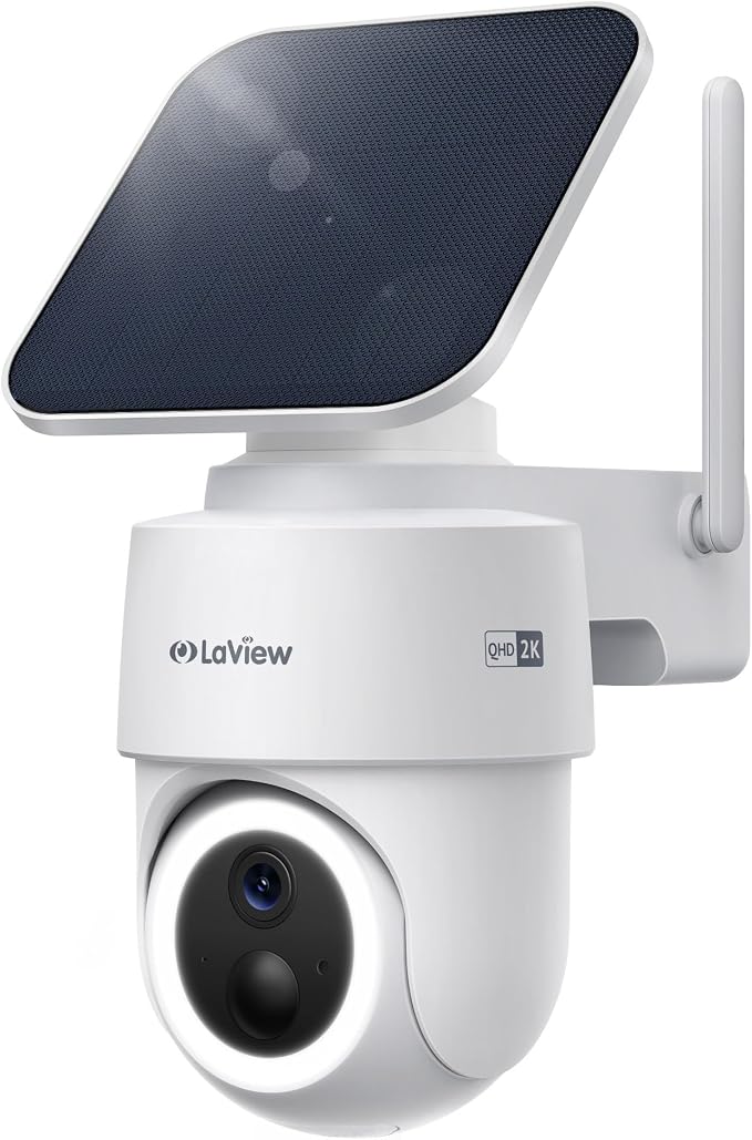 LaView 2K 3MP Solar Security Cameras Wireless Outdoor, Cameras for Home Security, 360° Pan & Tilt Rechargeable Battery Camera, IP65 Outdoor Camera, Color Night Vision, Two-Way Audio, Work with Alexa
