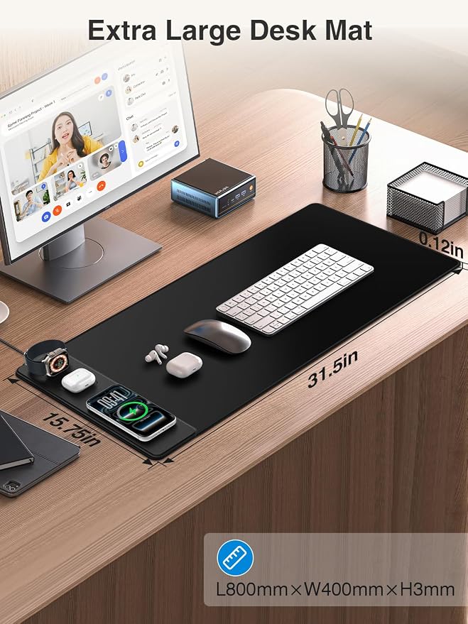 Mouse Pad with Wireless Charging for Phone/AirPods/Apple Watch, 31.5"x15.8" Large, Waterproof Smooth Surface, Non-Slip Base, with Adapter