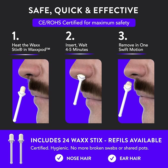 WaxxPod™ Nose Hair & Ear Hair Remover - USB Powered Waxing Kit with 24 STIX