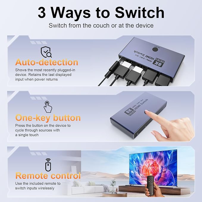 HDMI 2.1 Switch 3 in 1 Out, 8K@60Hz 4K@240Hz/120Hz 48Gbps, HDMI Switcher with Remote & Detection-Switching, VRR HDR10+ Dolby Vision/Atmos CEC HDCP2.3, Aluminum Alloy HDMI Selector