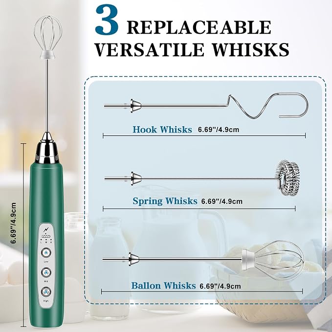 BSRGMS Milk Frother Handheld for Coffee, Electric Whisk 3 Speed Adjustable, Drink Mixer with Stainless 3 Whisks, Rechargeable Hand Frother Wand, for Latte Cappuccino Hot Chocolate Egg Green