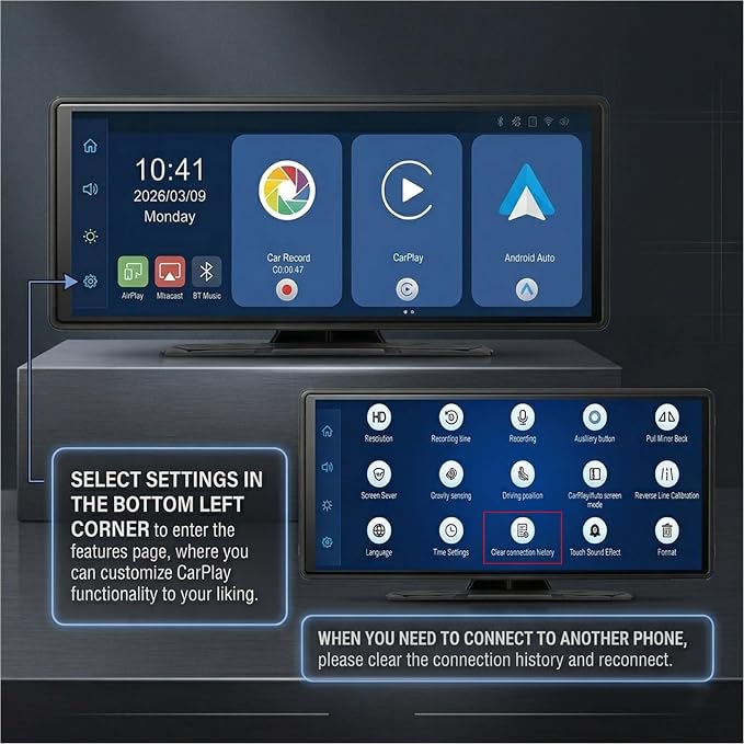 Wireless Carplay Screen for Car,10.26" Portable Apple Carplay and Android auto，4K Dash Cam with Rotatable Lens, 1080P Backup Camera, GPS Navigation, Mirror Link, Siri & Voice Control
