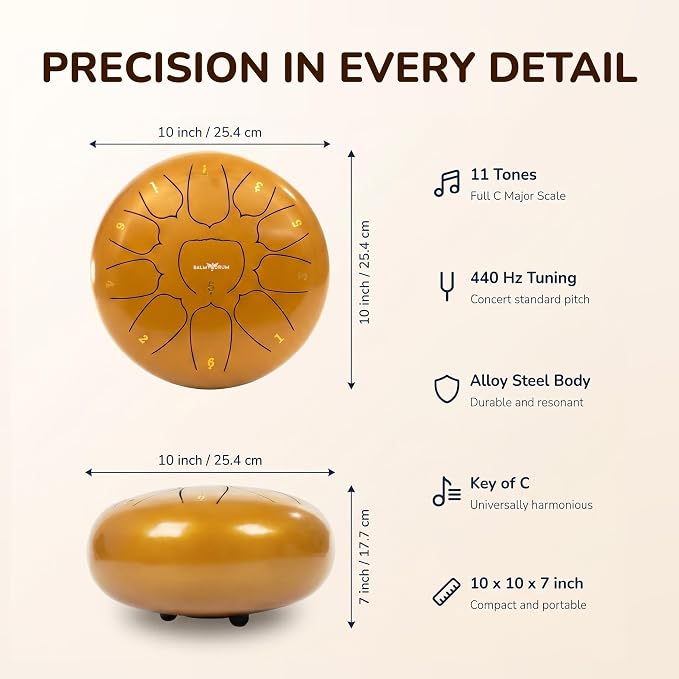 Balmy Drum Steel Tongue Drum 10 inch 11 Notes 440Hz, Handpan Drum with Music Book, Mallets, Carry Bag, Finger Picks, Rain Drum for Outdoor, Meditation Yoga Calming Instruments for Adults Kids (White)