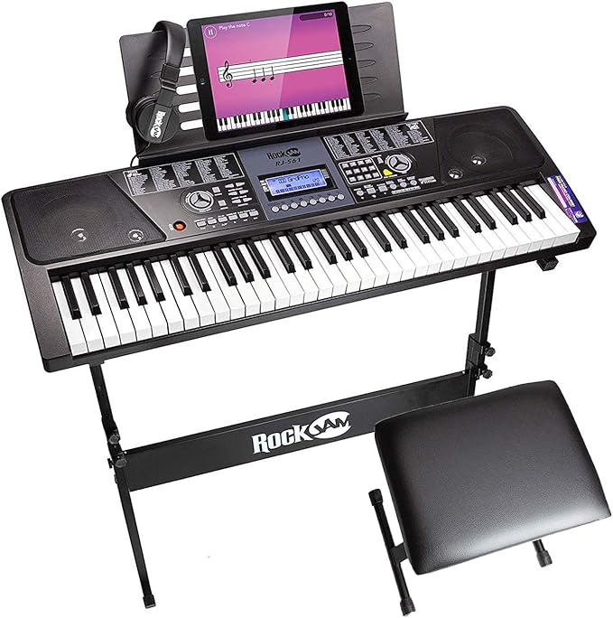 RockJam 61-Key Keyboard Piano Kit with Stand, Stool, Headphones, Keynote Stickers & Lessons