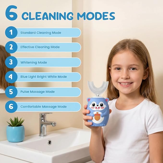 Kids U-Shaped Automatic Electric Toothbrush, Children’s 360° Mouthpiece Design for Full-Mouth Cleaning, 3 Cleaning Modes, Cute Animal Squirrel Style