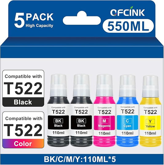 522 High Capacity (5 Bottles) Ink Refill Bottles Replacement for Epson 522 Ink Use for EcoTank ET-2400 ET-2720 ET-2800 ET-2803 ET-2840 ET-4700 ET-4800 ET-4810 Printers (550ML)