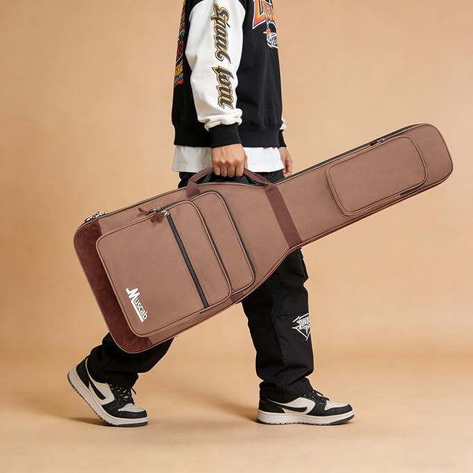 Electric Guitar Bag 0.5 Inch Padding Electric Guitar Case, Electric Guitar Gig Bag Backpack with Neck Strap and 4 Pockets, Brown