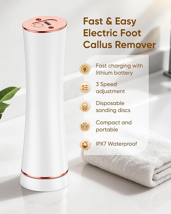 Electric Foot Callus Remover Rechargeable, Portable Electronic Foot File Pedicure Tools, Waterproof Foot Scrubber File, Professional Pedicure Kits, Foot Care for Dead Skin Ideal Gift (White)